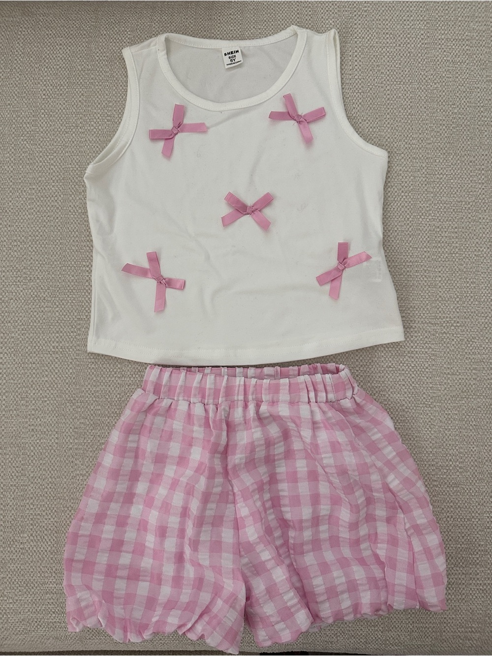 White Tank Top with Pink Bow Accents + Pink Gingham Shorts Set